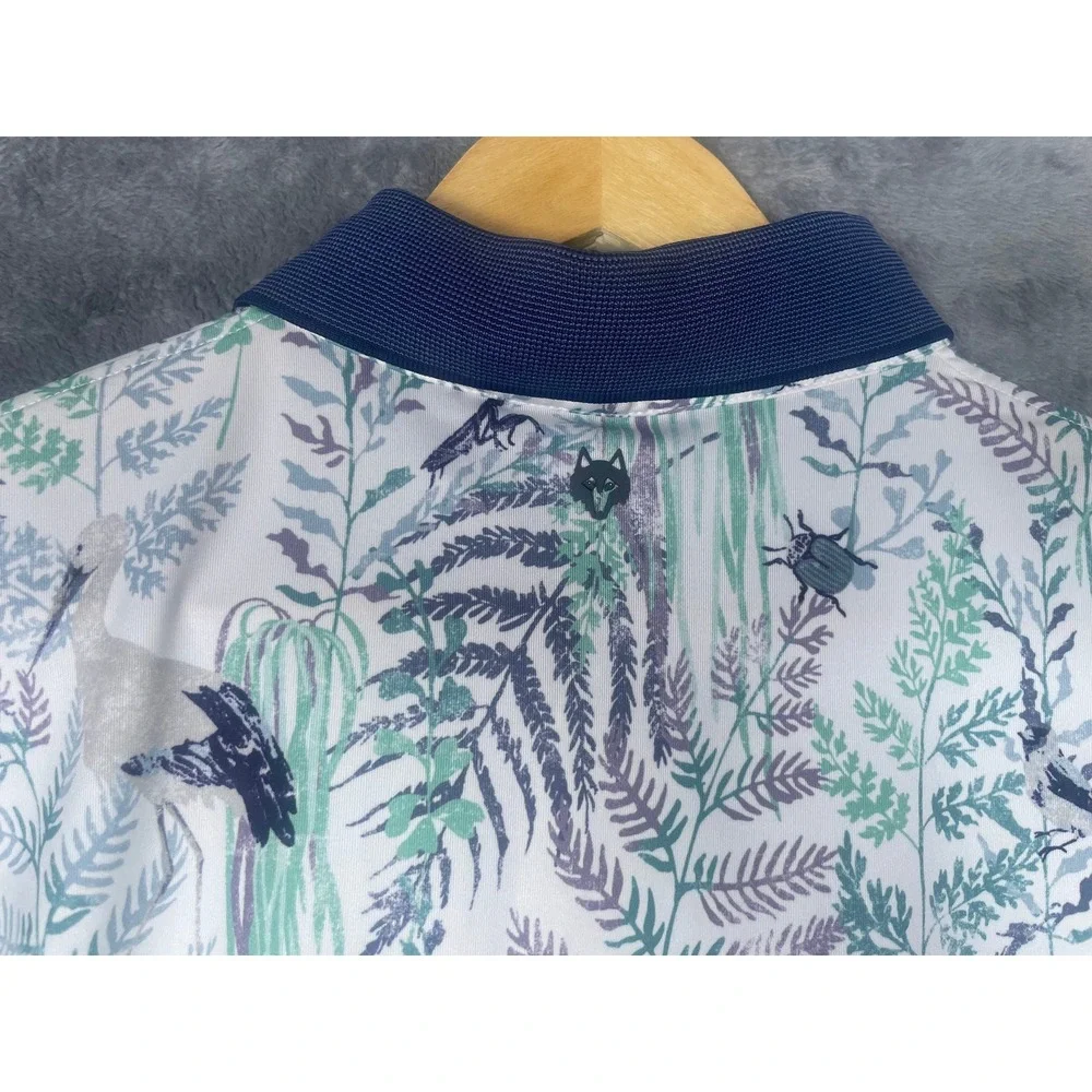 Greyson Mens Medium Golf Polo Shirt White Blue Heron Botanical Print Performance - Picture 8 of 8